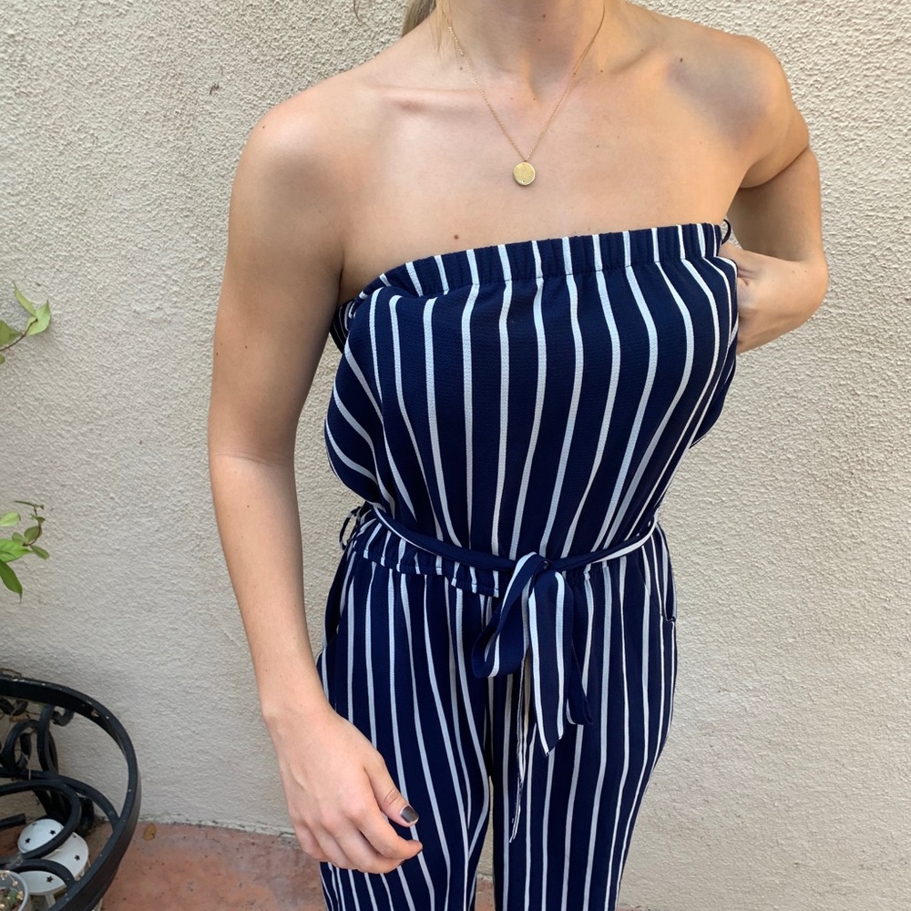Navy blue striped strapless jumpsuit